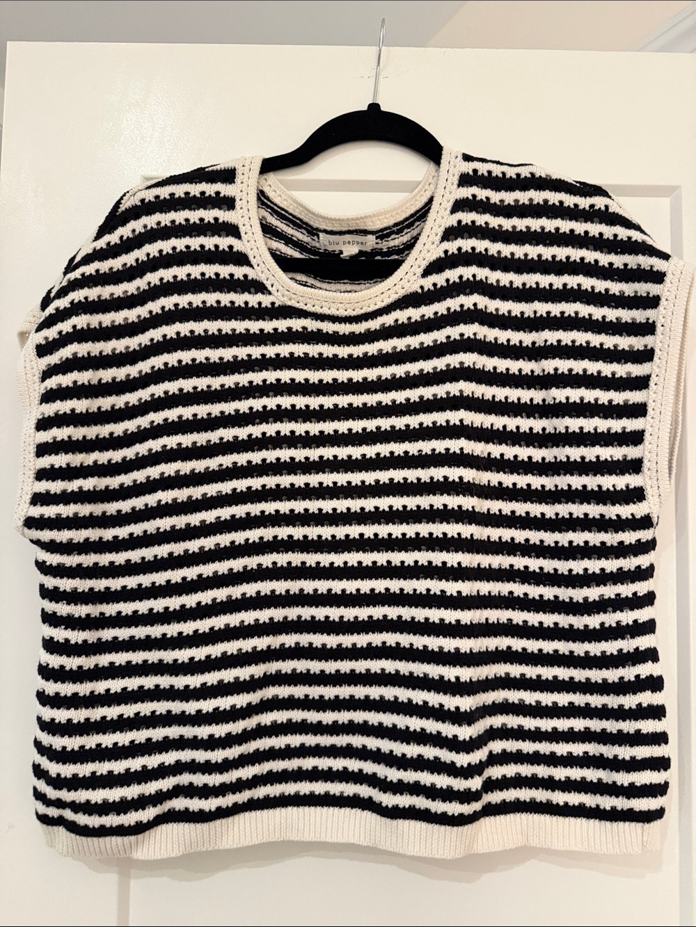 Blu Pepper Black & Cream Striped Sleeveless Crew Sweater